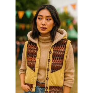 POWER TO THE PEOPLE Crochet Sherpa Lined Hooded Vest Boho Streetwear Retro Sz M